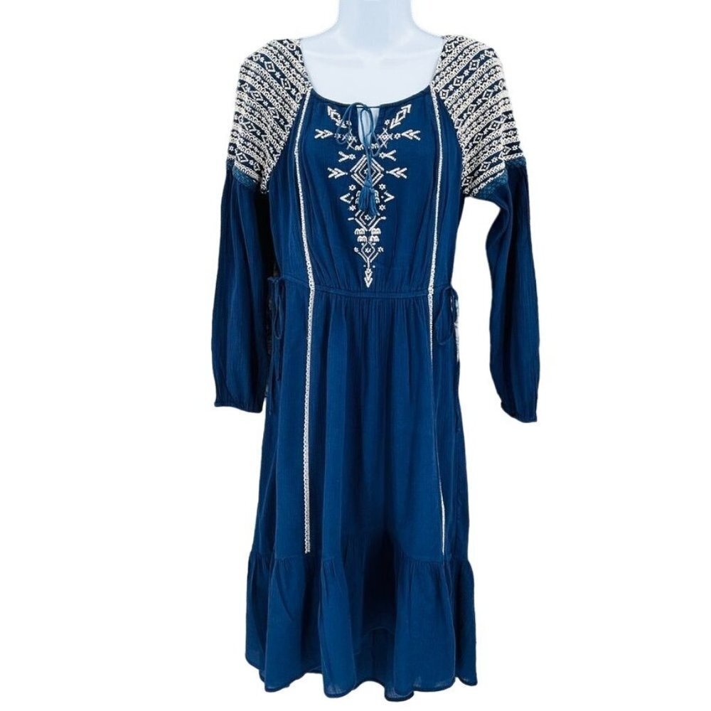 Free People Peasant Dress Embroidery Trim Size S Elastic Waist Sleeve Ruffle Hem